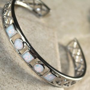 White Fire Opal Silver Bracelet Cuff